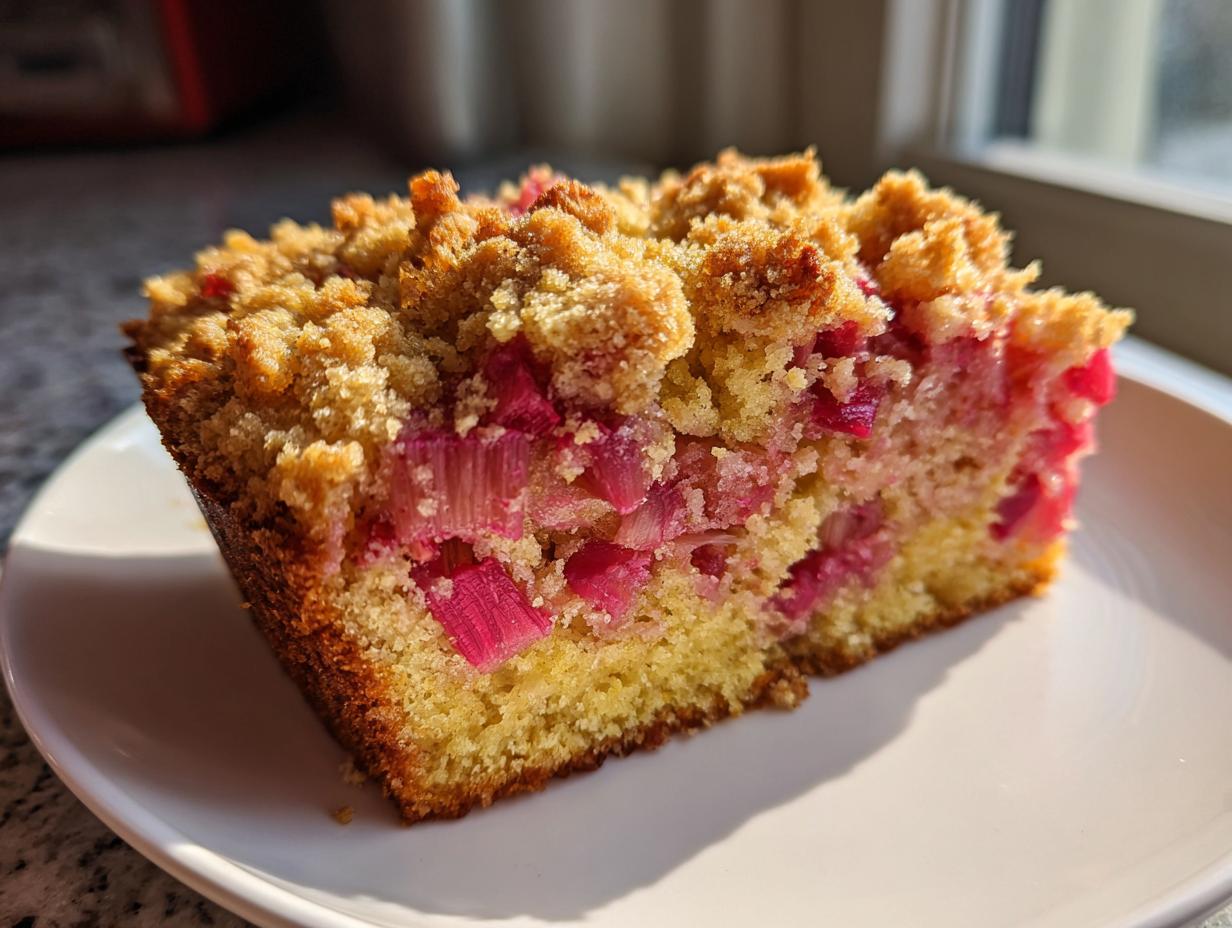 A close-up slice of amazing Rhubarb Coffee Cake featuring bright pink rhubarb pieces and a golden crumb topping.