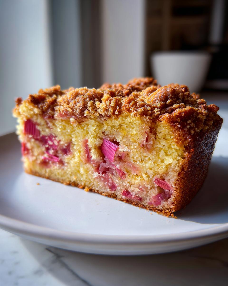 A close-up of a moist slice of Rhubarb Coffee Cake featuring bright pink rhubarb pieces and a thick, golden brown streusel topping.