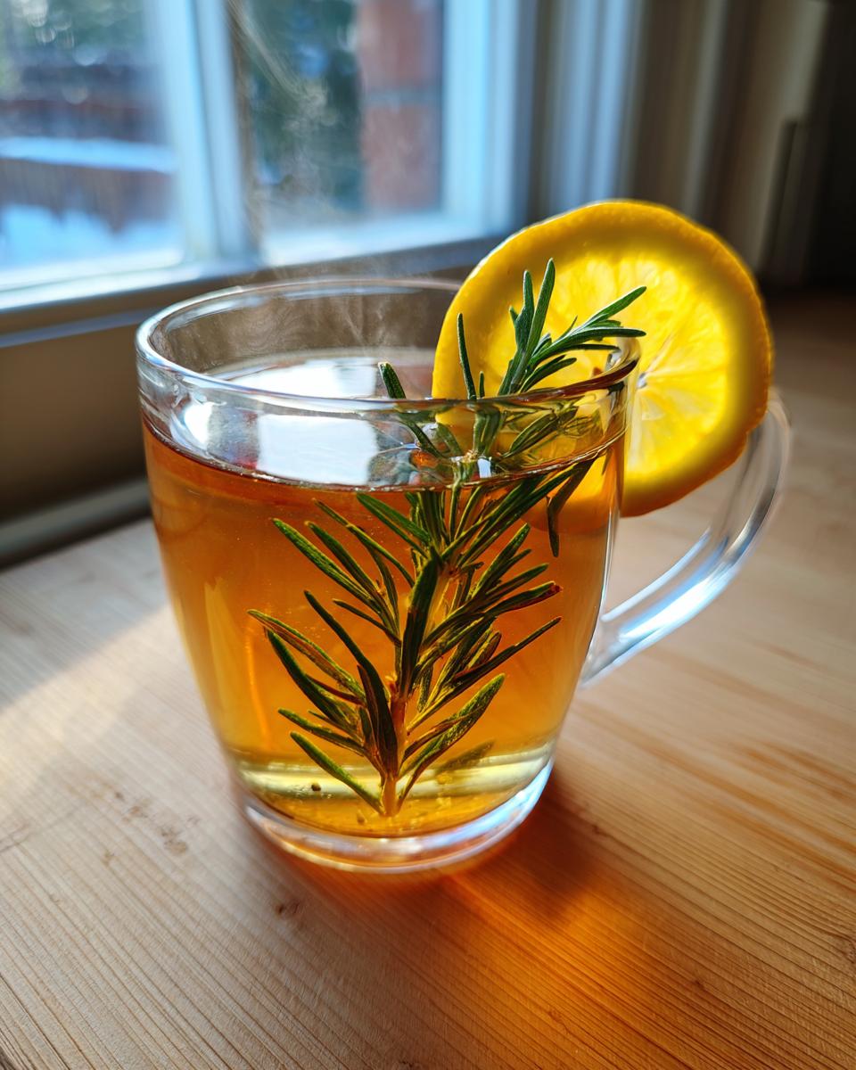 A clear glass mug filled with hot rosemary tea, featuring a sprig of fresh rosemary and a lemon slice.