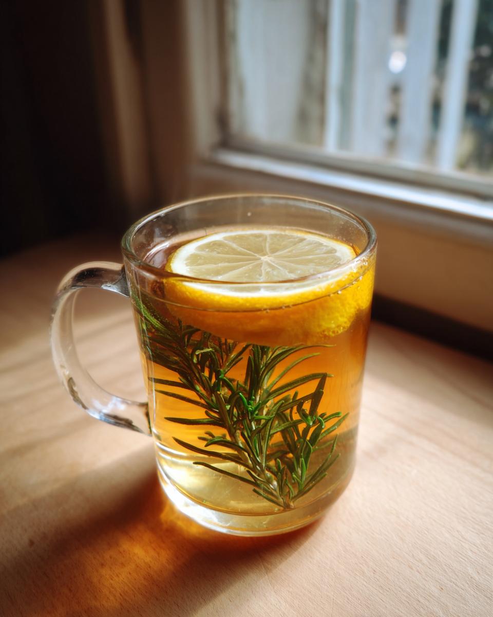 A clear glass mug filled with warm rosemary tea, featuring fresh rosemary sprigs and a lemon slice floating on top.