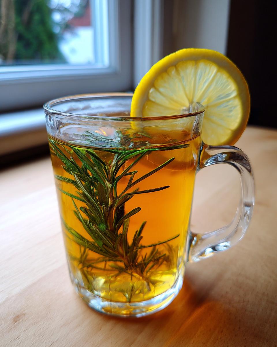A clear glass mug filled with golden Rosemary tea, featuring a fresh sprig of rosemary and a slice of lemon.