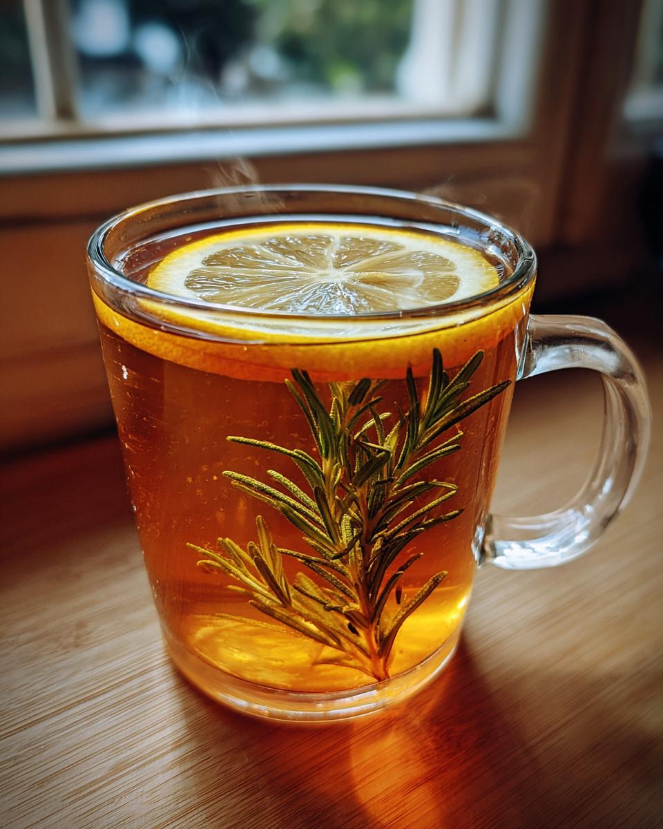 A steaming glass mug filled with amber-colored rosemary tea, garnished with a fresh rosemary sprig and a lemon slice.