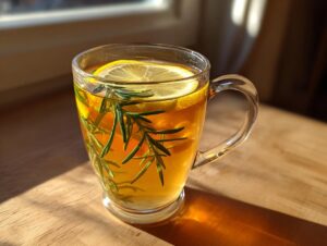 A clear glass mug filled with warm rosemary tea, garnished with fresh rosemary sprigs and a lemon slice.