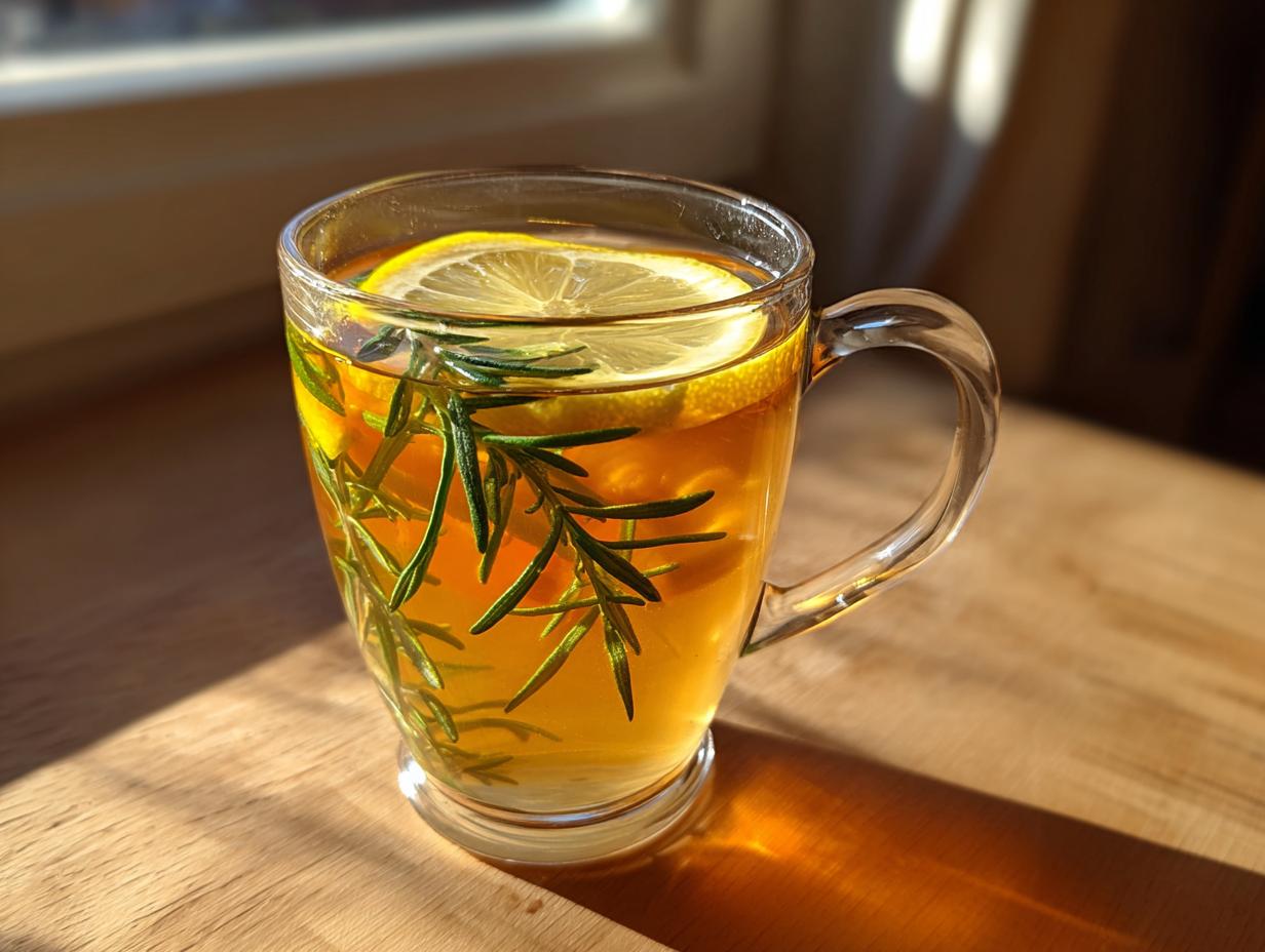 A clear glass mug filled with warm rosemary tea, garnished with fresh rosemary sprigs and a lemon slice.