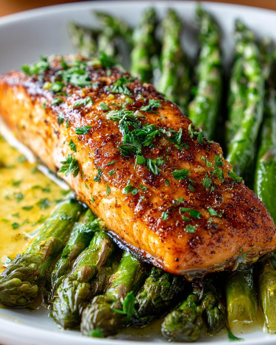 Close-up of a perfectly cooked Sheet pan garlic butter salmon fillet resting on roasted asparagus spears.