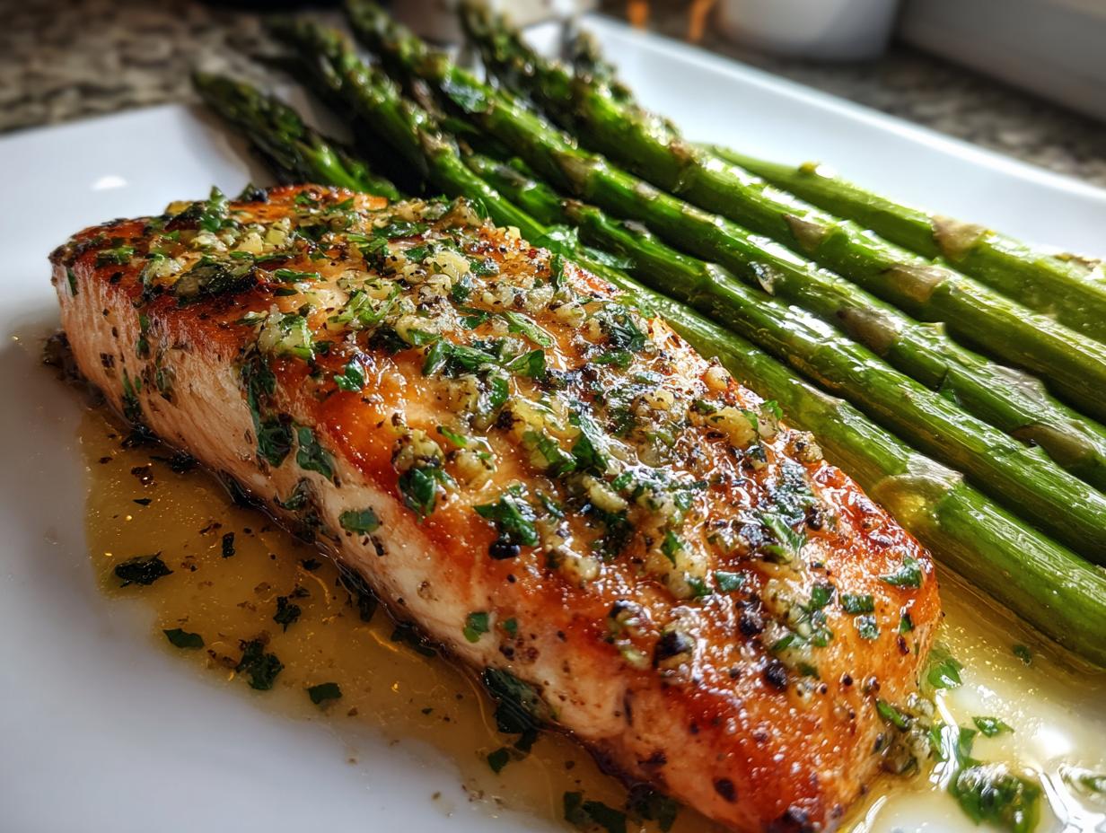 Close-up of a juicy fillet of sheet pan garlic butter salmon topped with herbs and resting in butter sauce next to roasted asparagus.