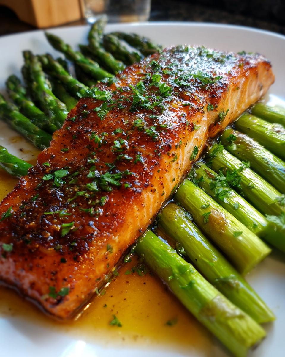 Close-up of a perfectly cooked Sheet pan garlic butter salmon fillet served with bright green asparagus spears.