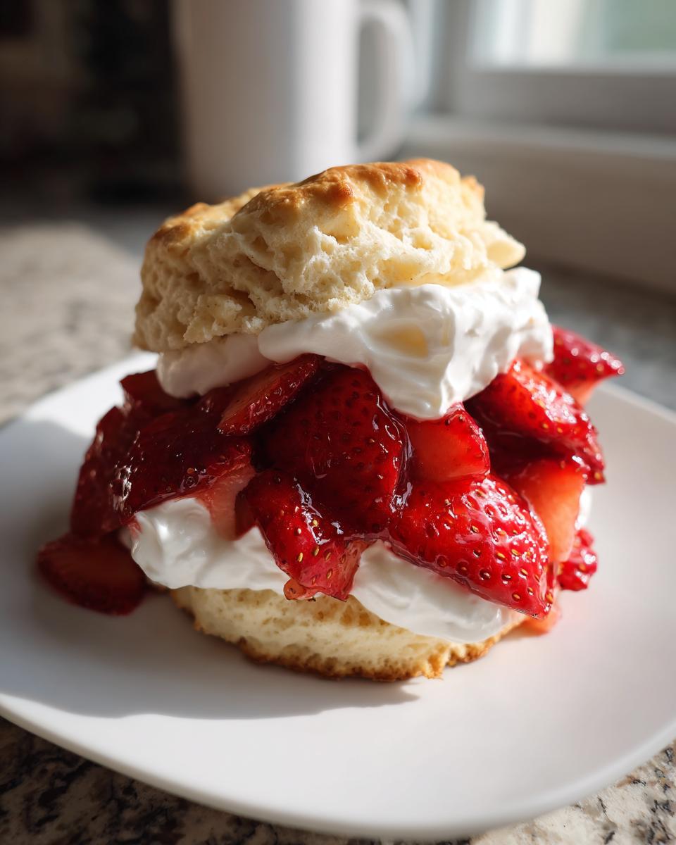 A close-up of a delicious strawberry shortcake featuring a split biscuit, macerated strawberries, and whipped cream.