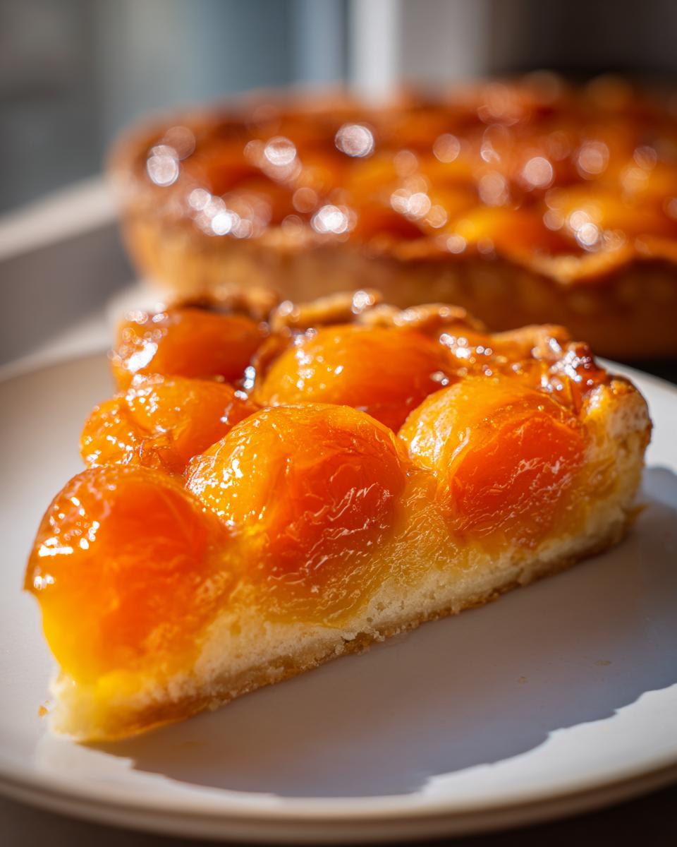 A close-up slice of a glistening Apricot Tart resting on a white plate, with the rest of the tart blurred in the background.