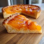 A close-up slice of a glistening, glazed Apricot tart resting on a wooden cutting board, with the rest of the tart blurred in the background.