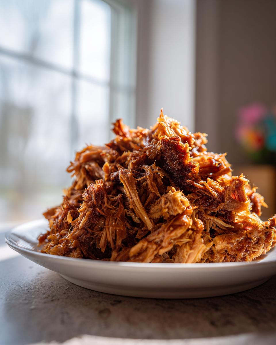A close-up, dramatic shot of a mound of shredded Slow Cooker Pulled Pork Carnitas on a white plate.