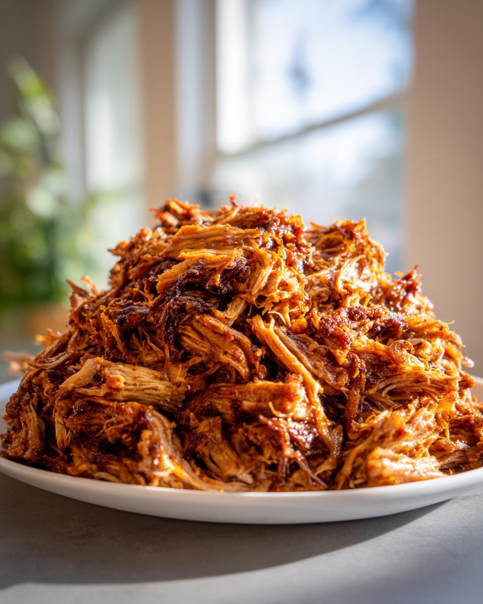 A large mound of richly seasoned, shredded Slow Cooker Pulled Pork Carnitas piled high on a white plate.
