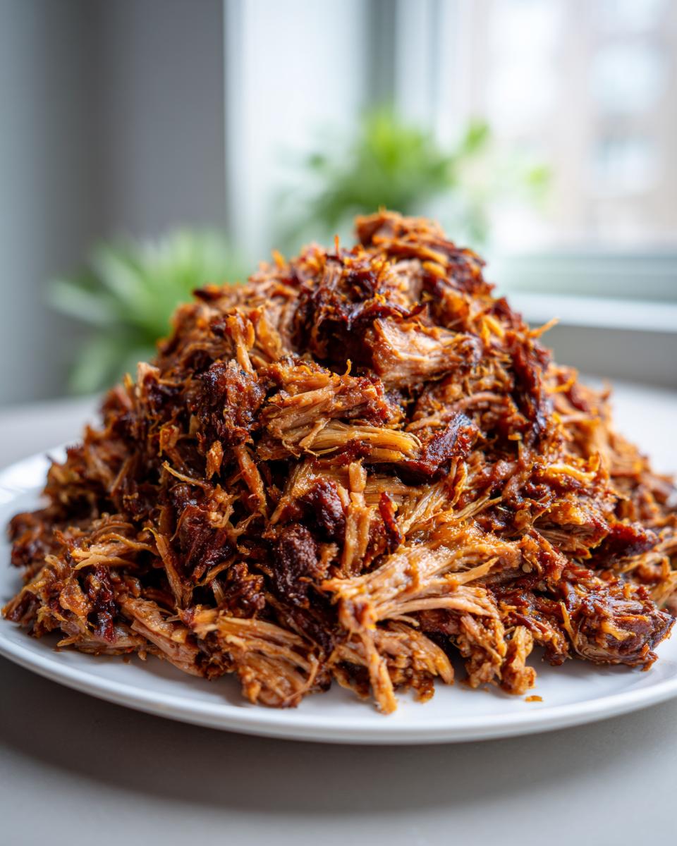 A large mound of perfectly shredded, richly colored Slow Cooker Pulled Pork Carnitas piled high on a white plate.