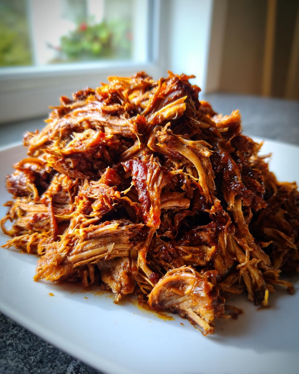 A close-up mound of juicy, shredded Slow Cooker Pulled Pork Carnitas piled high on a white plate.