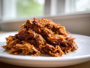 A close-up of a mound of richly seasoned, shredded Slow Cooker Pulled Pork Carnitas on a white plate.
