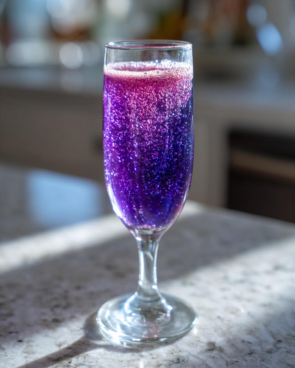 A tall flute glass filled with a vibrant, shimmering purple Blueberry lemosas cocktail, showing effervescence.