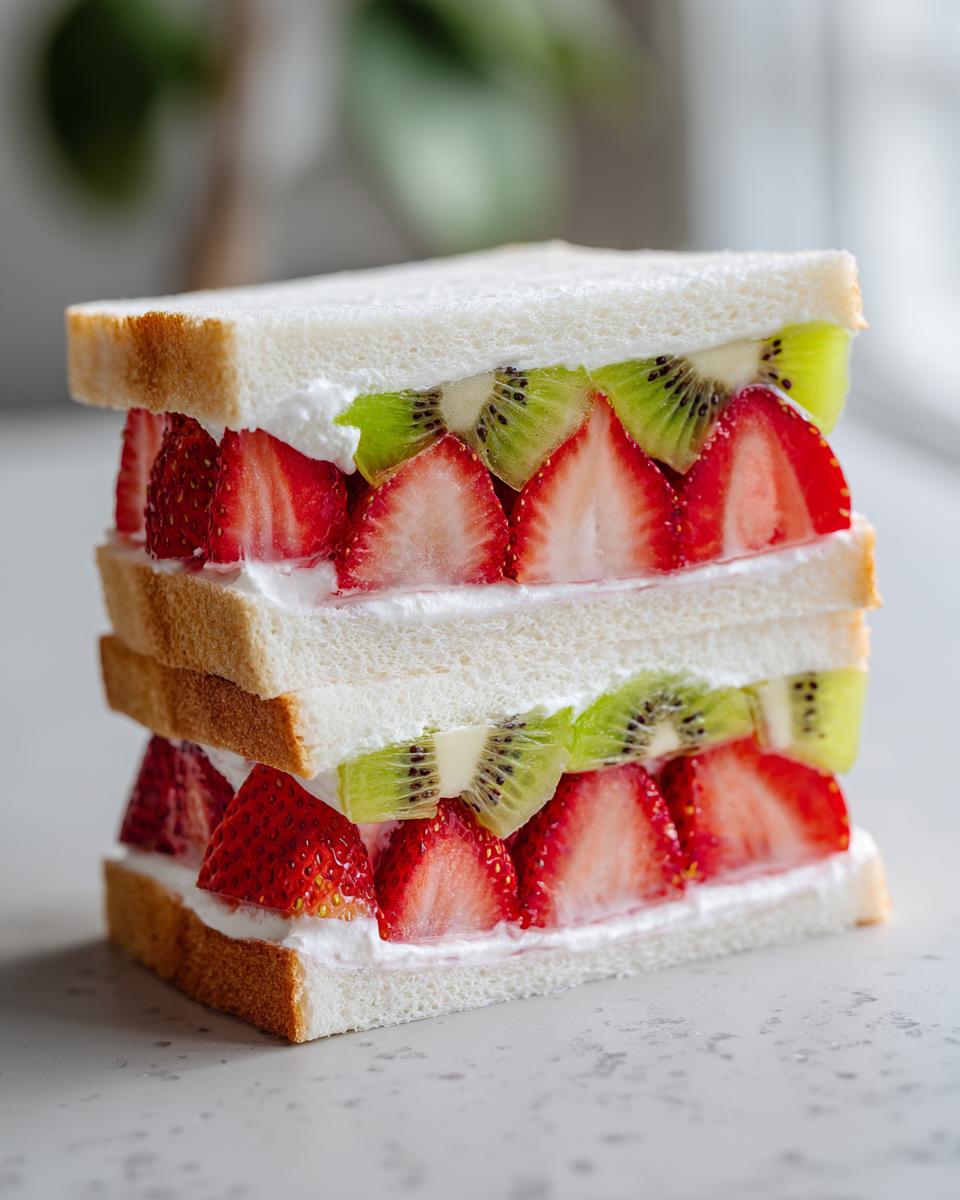 Close-up of a stacked Japanese fruit sandwich featuring layers of white bread, whipped cream, sliced strawberries, and kiwi.