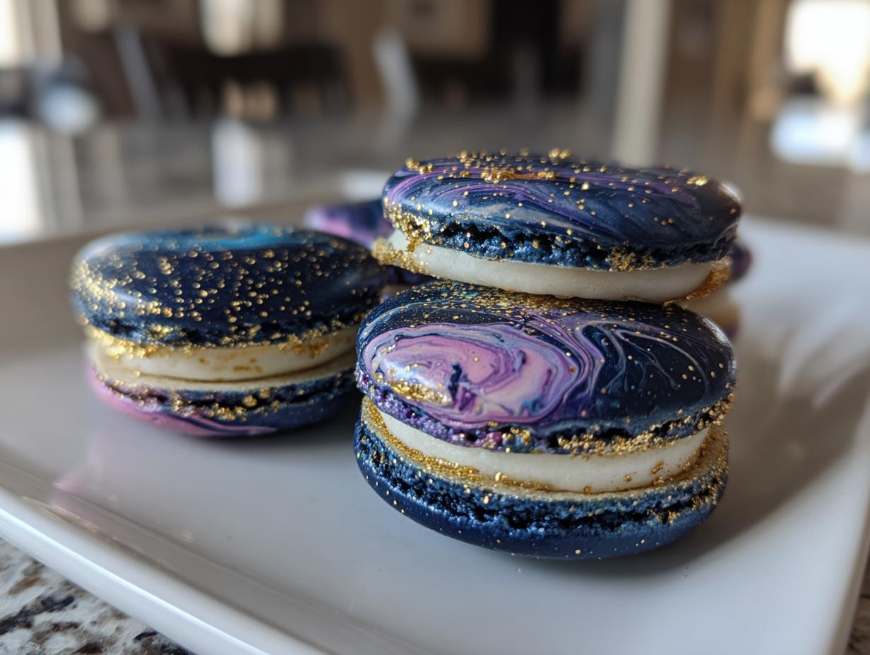Close-up of three galaxy-themed Star Wars macarons decorated with dark blue, purple swirls, and gold edible glitter.