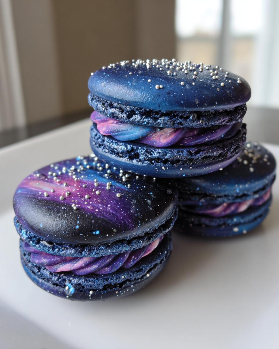 Three dark blue, galaxy-themed Star Wars macarons stacked on a white plate, decorated with silver sprinkles.