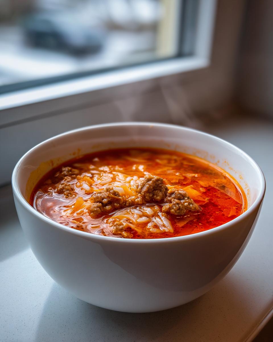 A steaming white bowl filled with rich, red Golumpki soup containing ground meat and rice, set near a window.