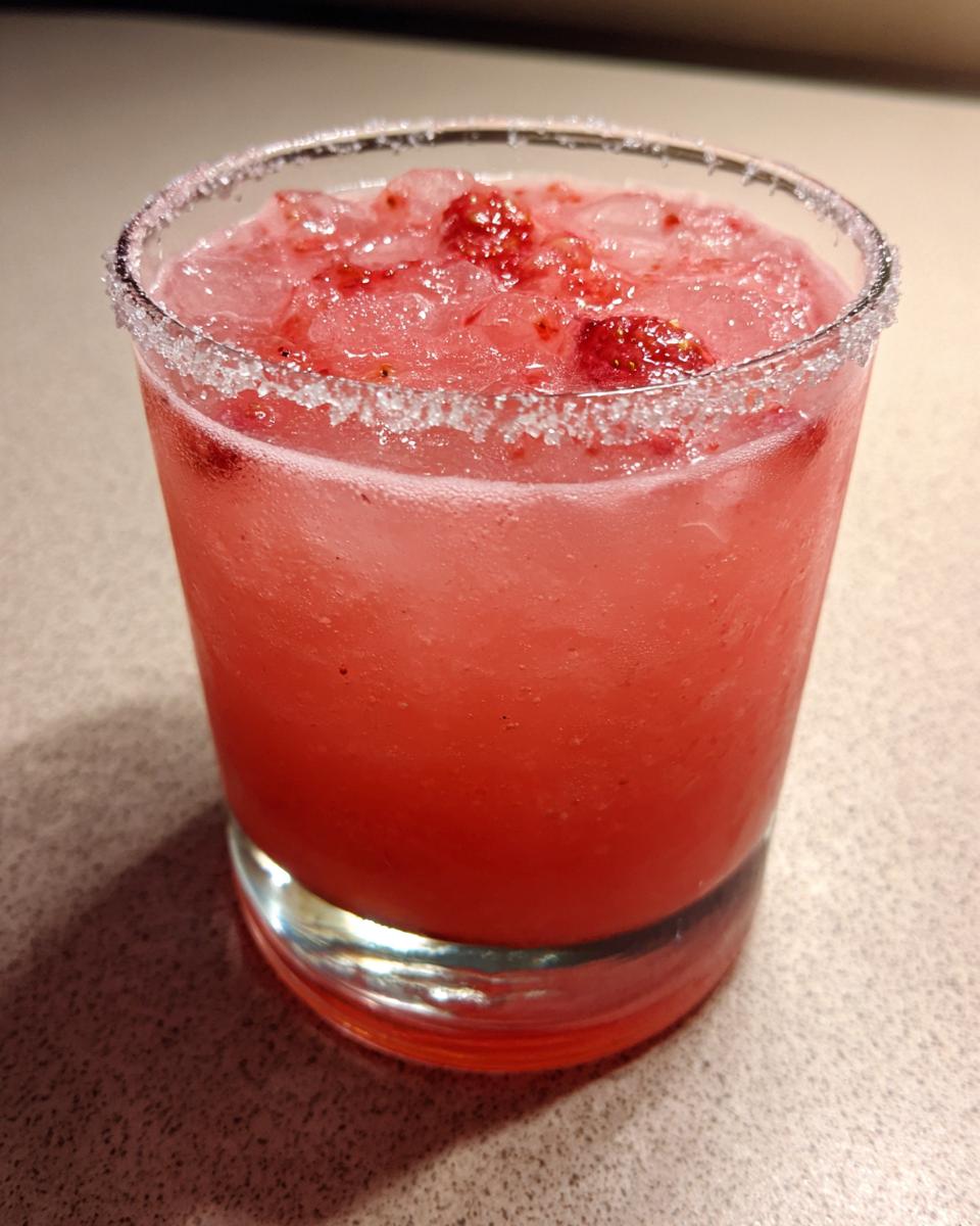Close-up of a bright pink Strawberry mezcal margarita in a rocks glass with a sugar or salt rim and crushed strawberry pieces.