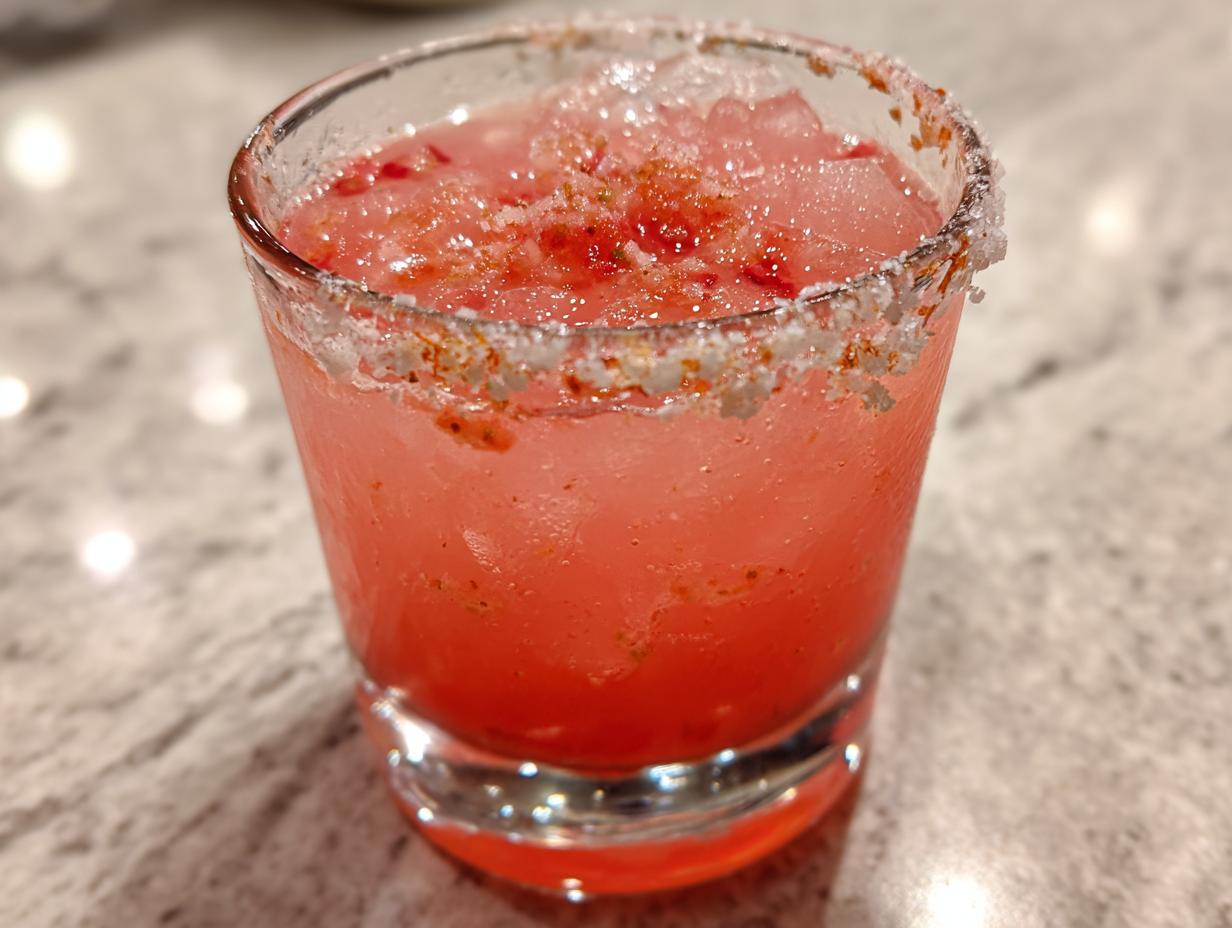 A vibrant pink Strawberry mezcal margarita served over ice in a glass with a thick, spiced salt rim.