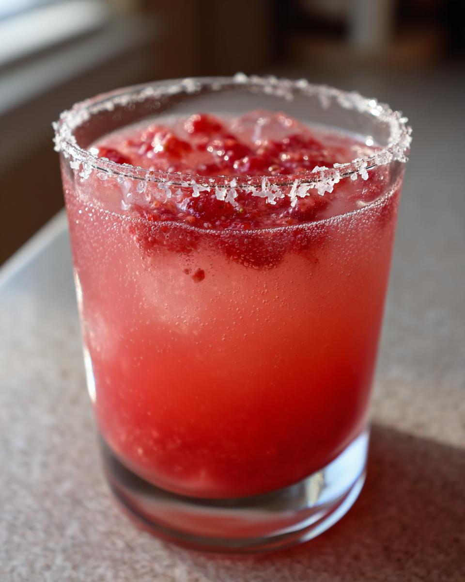Close-up of a vibrant red Strawberry mezcal margarita in a rocks glass with a thick salt rim and muddled strawberries.