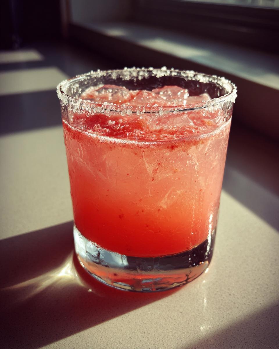Close-up of a vibrant pink Strawberry mezcal margarita in a glass with a salted rim, sitting in bright sunlight.