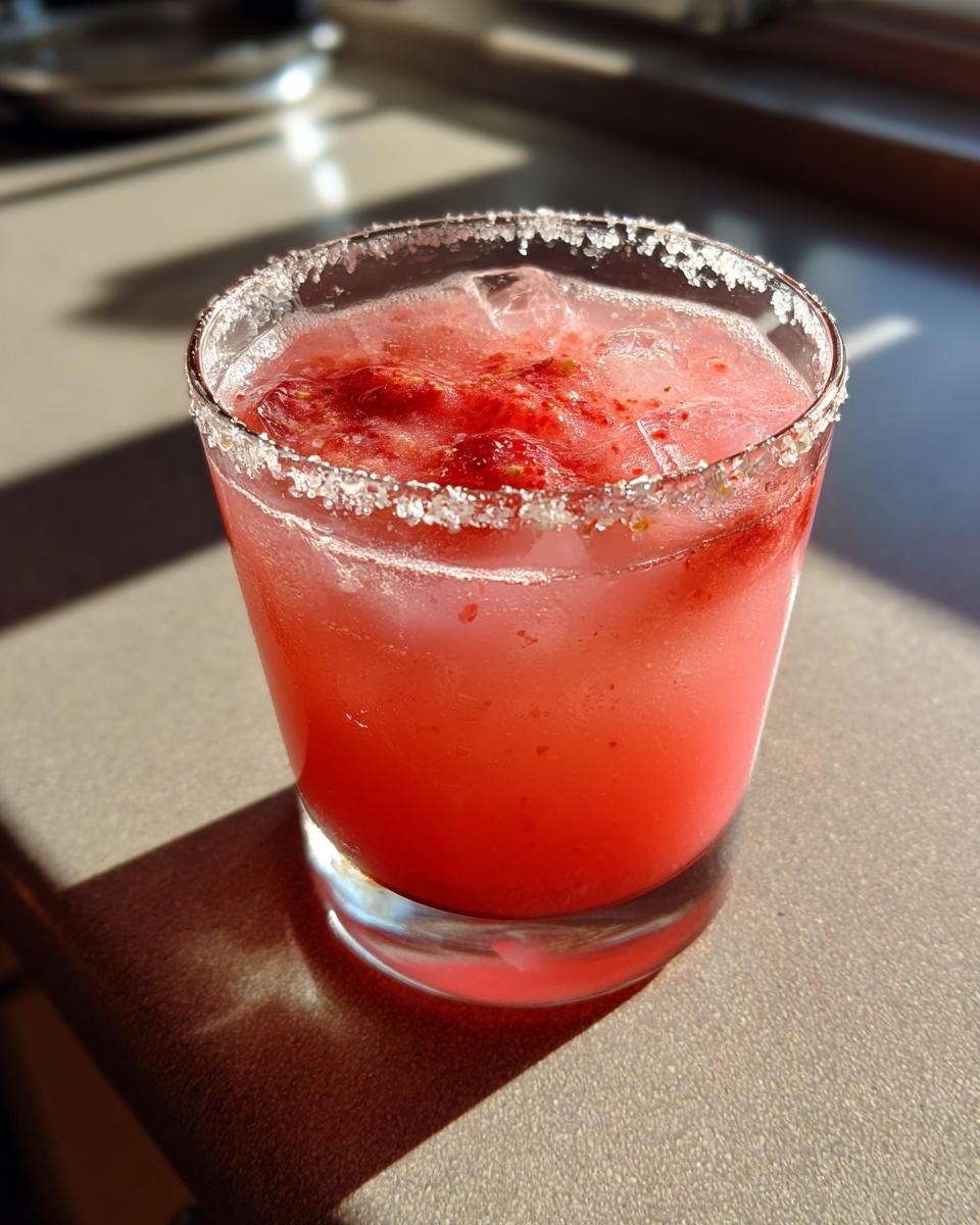 Close-up of a bright pink Strawberry mezcal margarita in a rocks glass with a thick salt rim, sitting in bright sunlight.