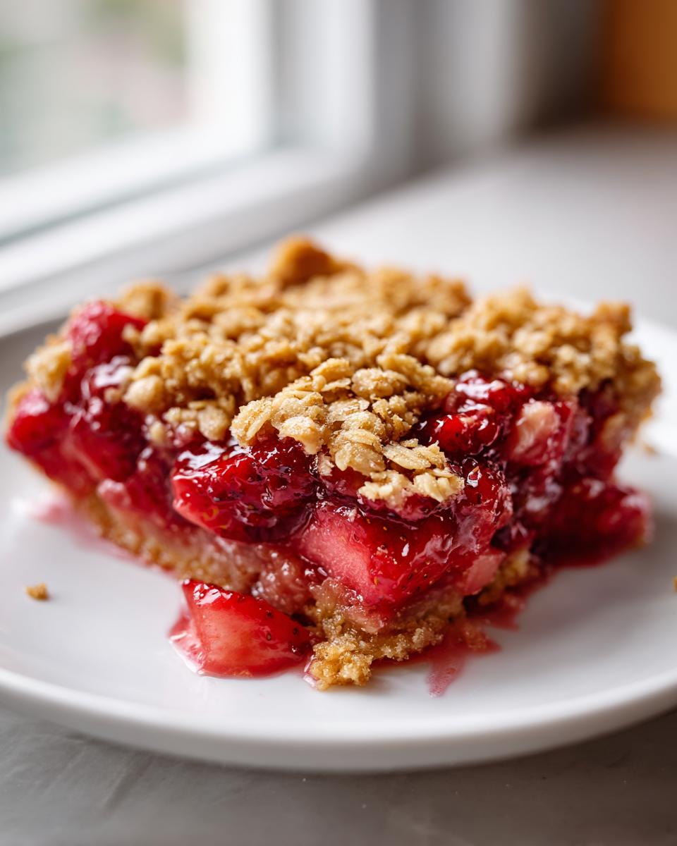 A square serving of juicy Strawberry Rhubarb Crisp with a thick, golden oat topping, served on a white plate.