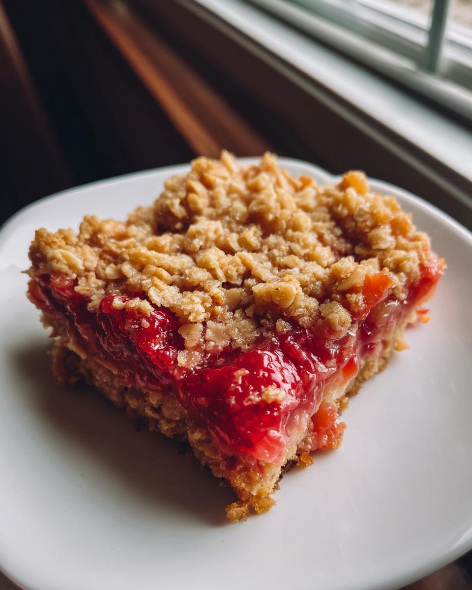 A square serving of Strawberry Rhubarb Crisp with a thick, jammy red filling and crumbly oat topping.