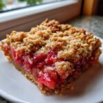 Close-up of a square slice of Strawberry Rhubarb Crisp showing juicy red filling and golden brown oat topping.
