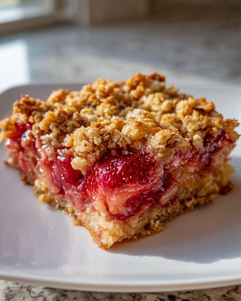 Close-up of a square slice of Strawberry Rhubarb Crisp showing juicy fruit filling and golden oat crumble topping.