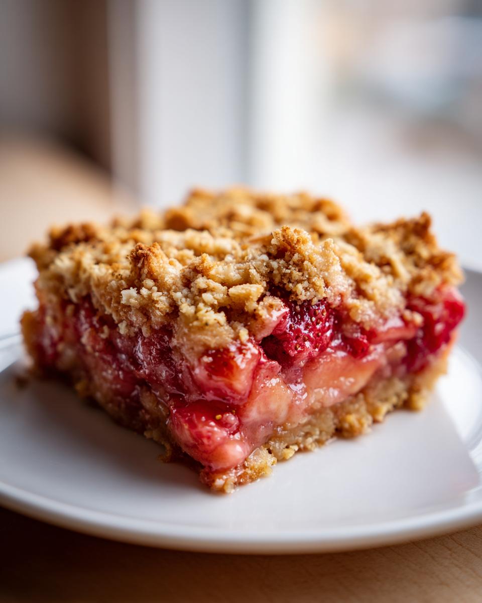 A close-up of a square slice of Strawberry Rhubarb Crisp with a thick, golden crumb topping and juicy fruit filling.