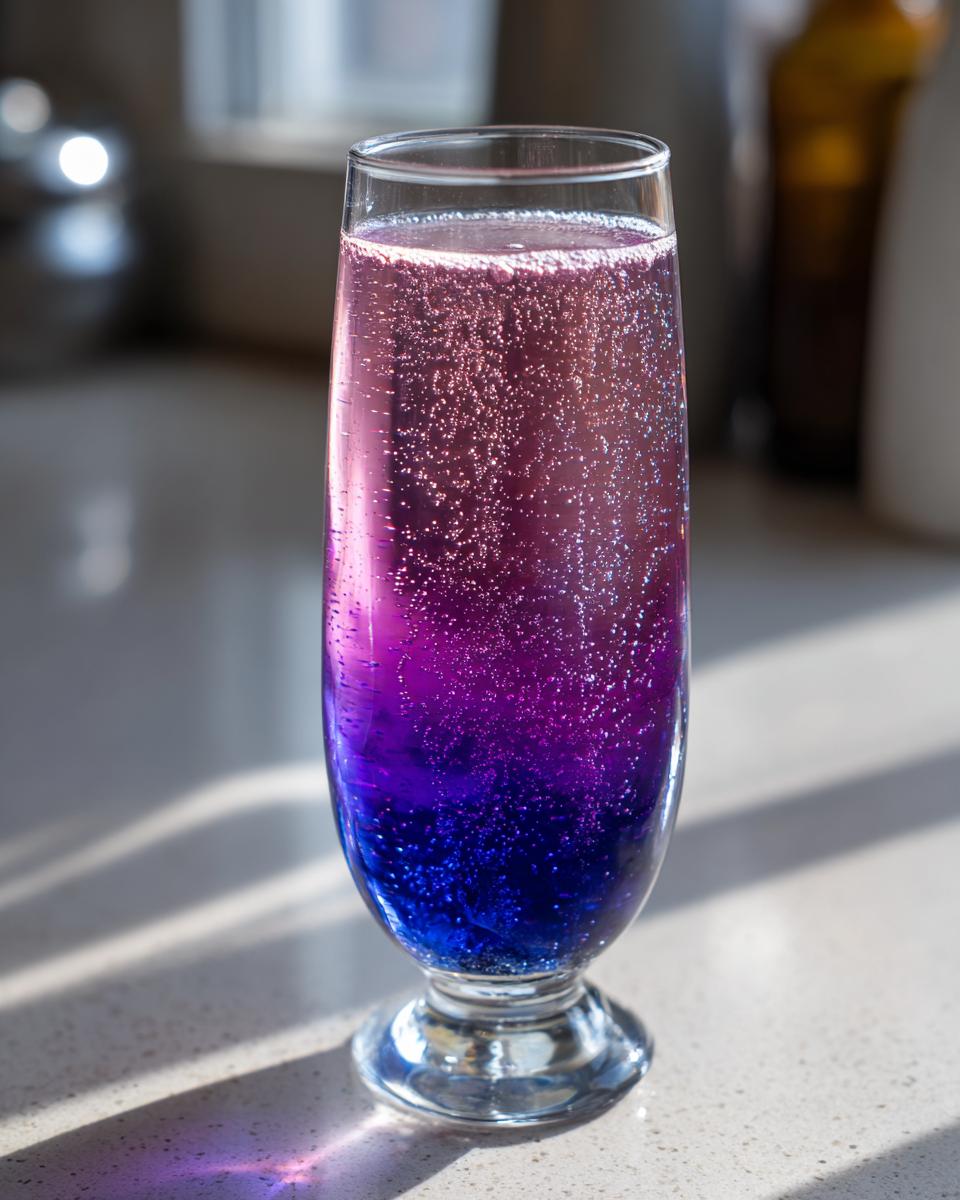 A tall glass filled with a vibrant, layered purple and blue sparkling Blueberry Lemosas cocktail.