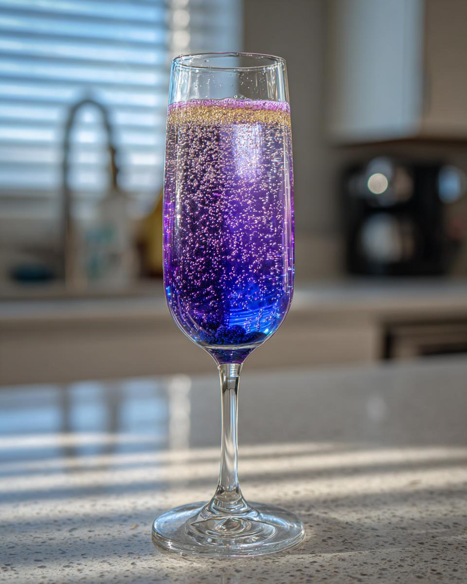 A tall flute glass filled with a vibrant, bubbly, purple liquid, likely a Blueberry Lemosas cocktail, sitting on a countertop.