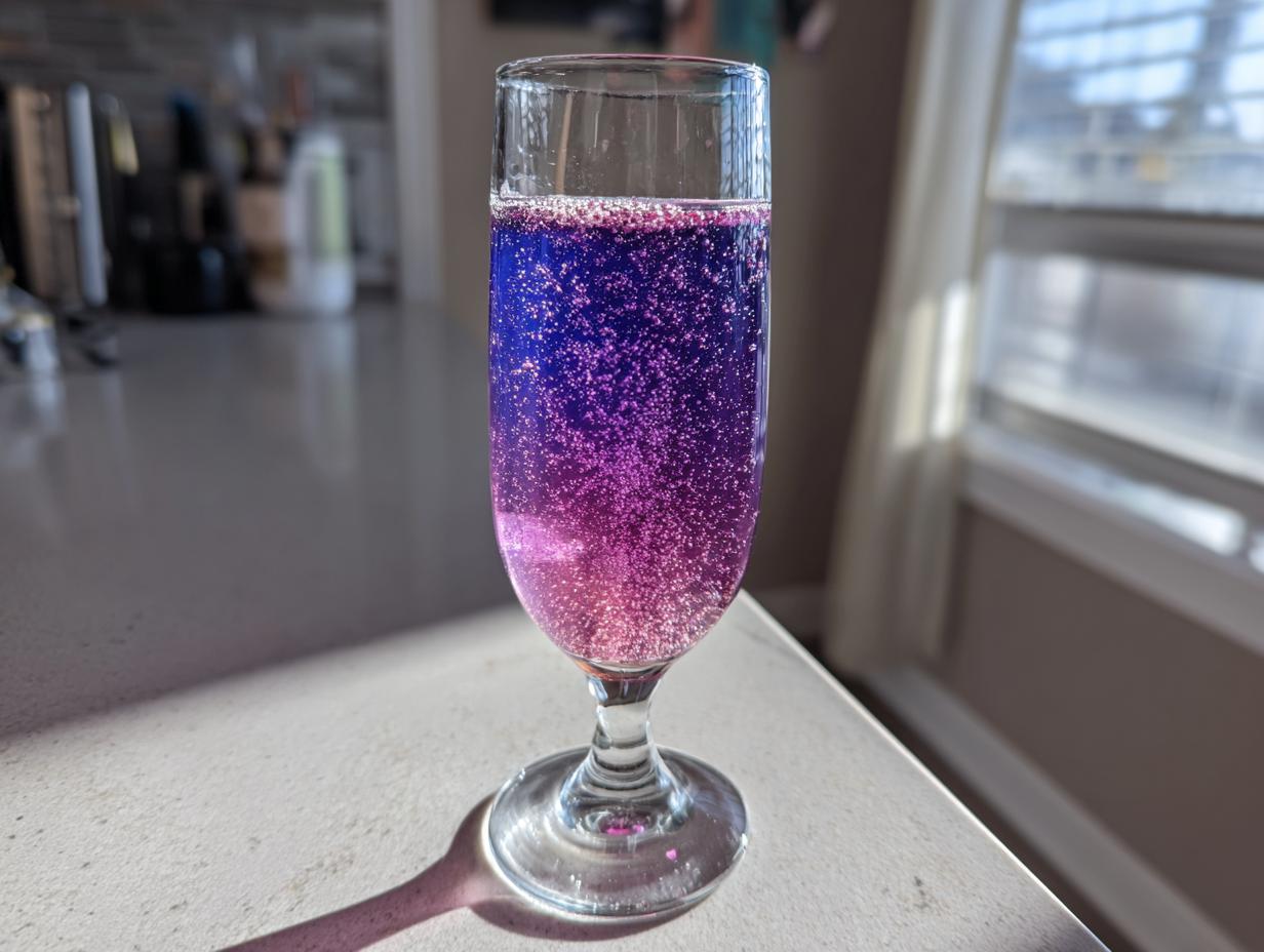 A tall glass filled with bubbly, gradient purple and pink Blueberry lemosas catching the sunlight.