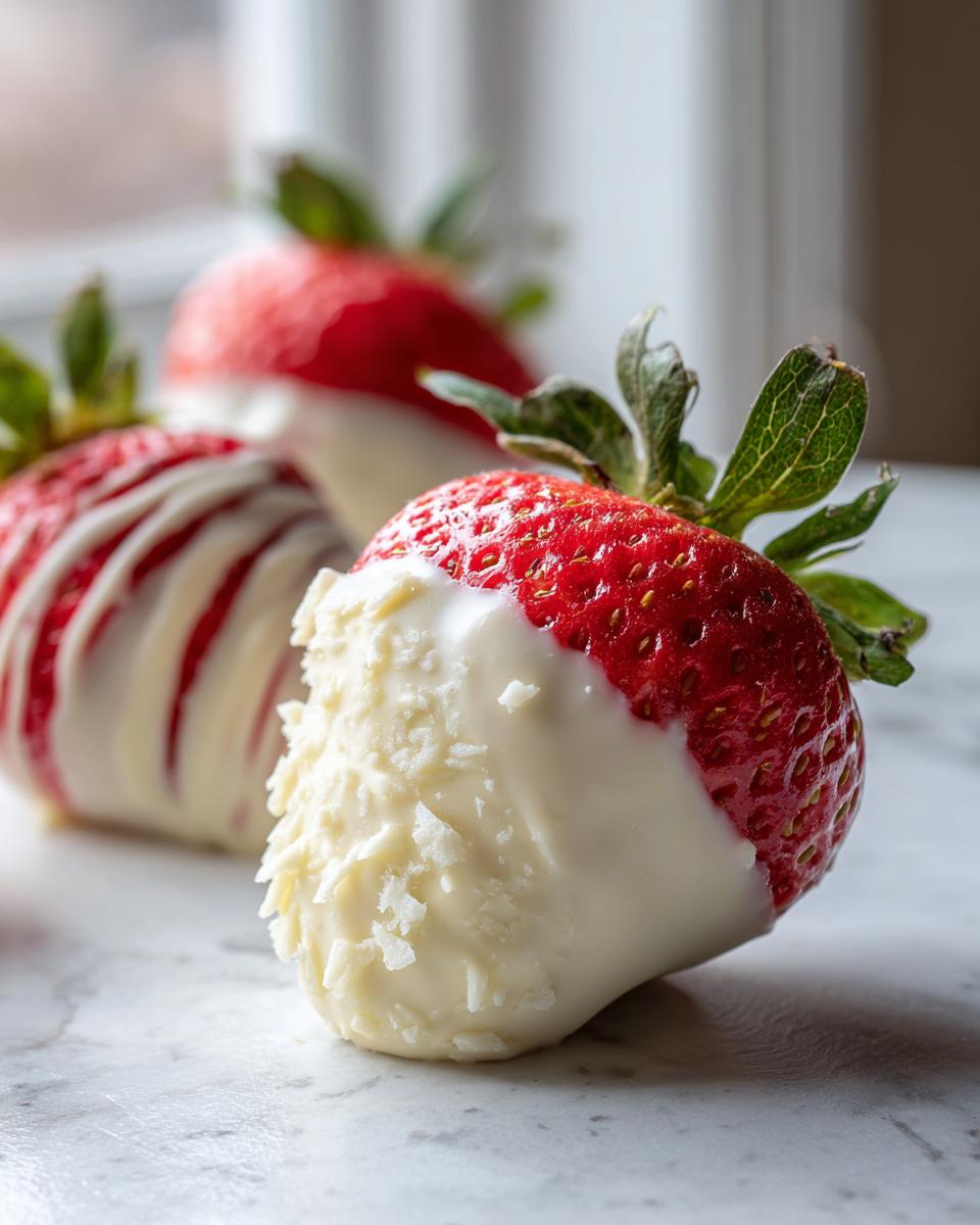 Close-up of fresh strawberries partially dipped in white chocolate, one covered in white chocolate shavings, making beautiful white chocolate dipped strawberries.