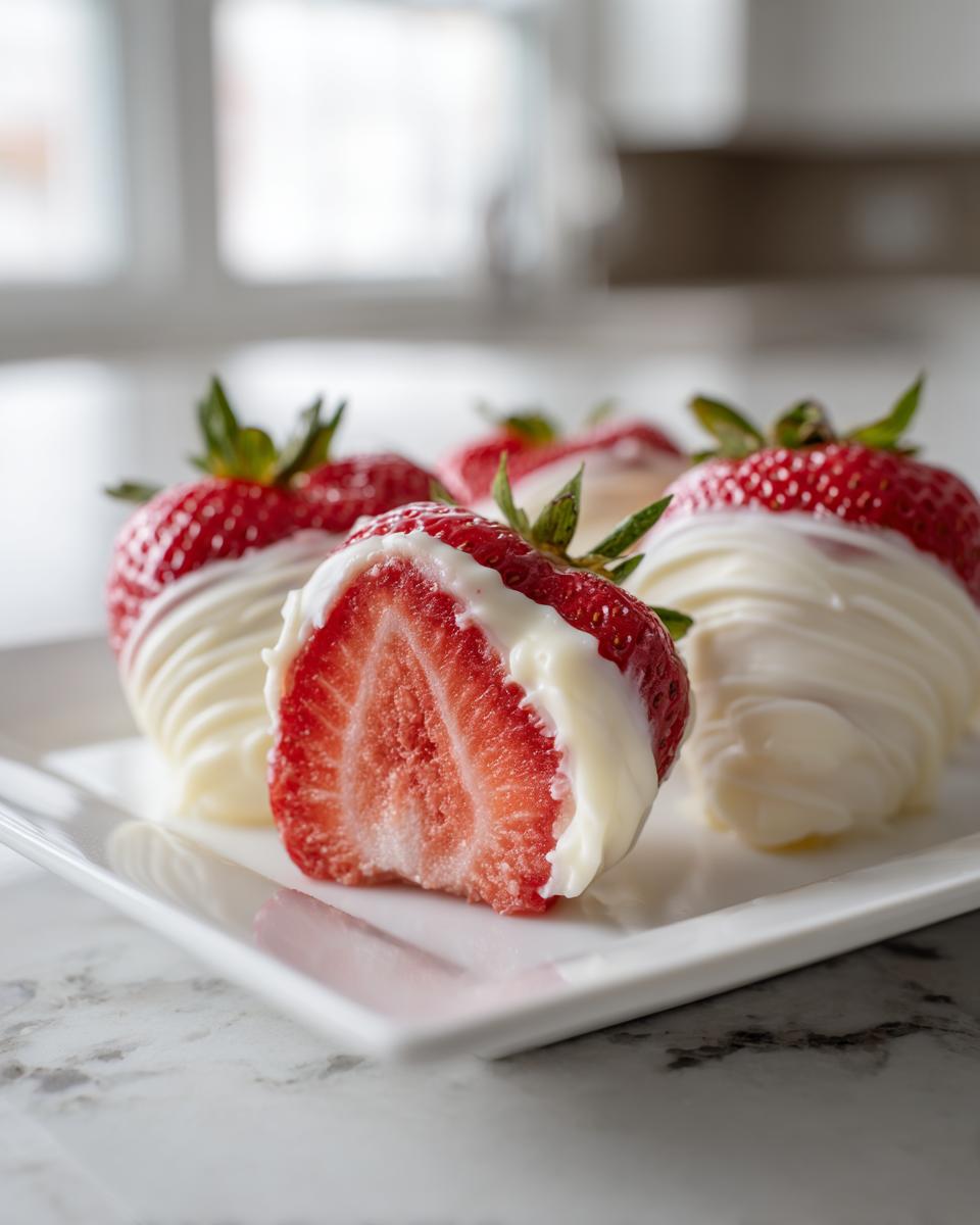 A close-up of white chocolate dipped strawberries, with one strawberry cut in half showing the red interior.