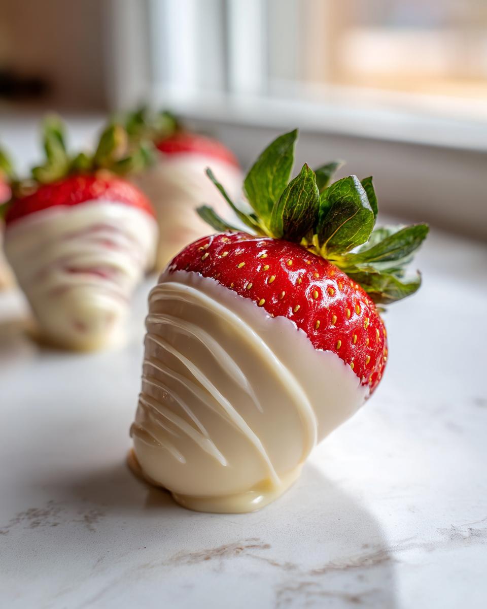 A close-up of a fresh strawberry dipped in white chocolate and drizzled, showcasing the texture of the white chocolate dipped strawberries.