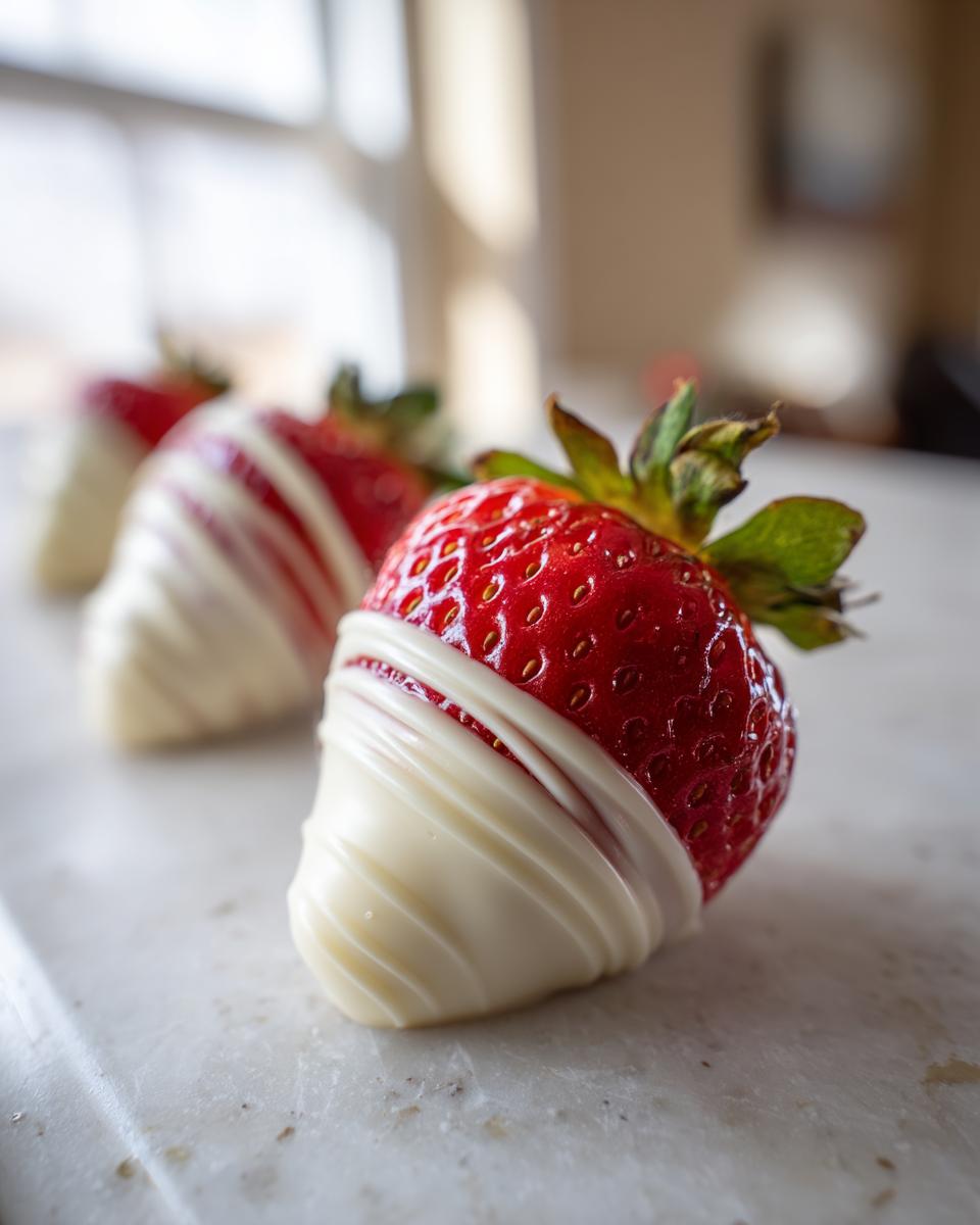 A close-up of a fresh strawberry partially dipped and drizzled with white chocolate, one of several white chocolate dipped strawberries.